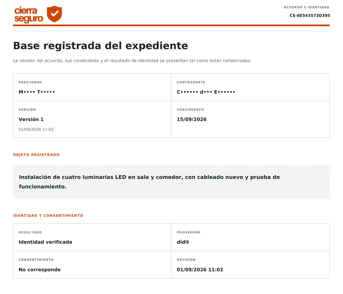 Página del acuerdo con el objeto del servicio y la identidad verificada con Didit
