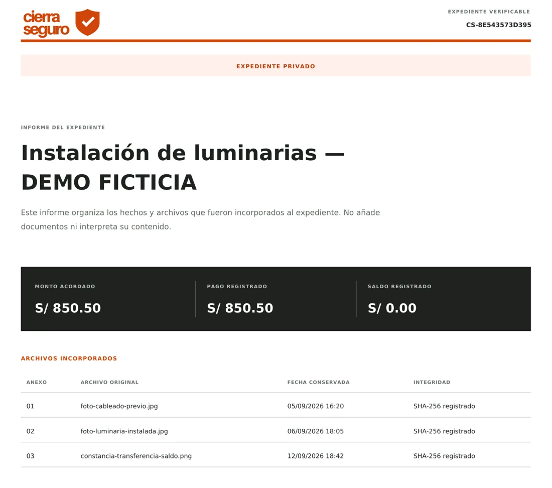 Portada del informe: monto acordado 850,50 soles, pagado 850,50 y saldo cero, con los tres archivos incorporados