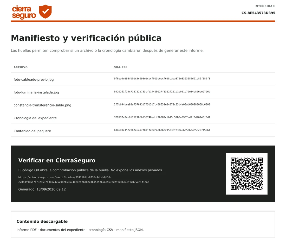 Manifiesto con las huellas SHA-256 y el código QR de verificación pública